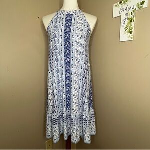 Loft Floral Sun Dress Strech Halter Neck Blue Size M